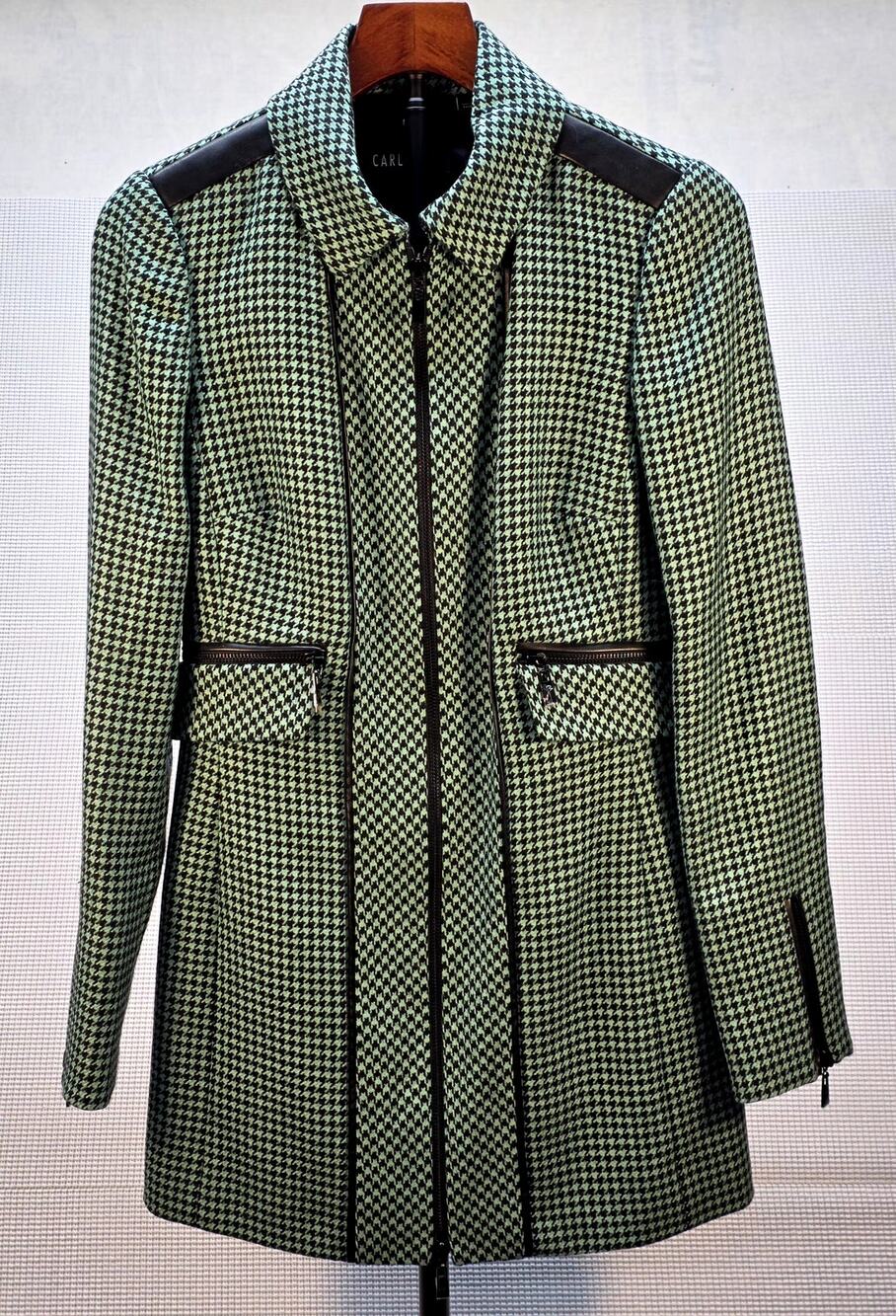 Carlisle Green Houndstooth Wool Zip Moto Jacket Coat Leather Trim NWOT Sz 2